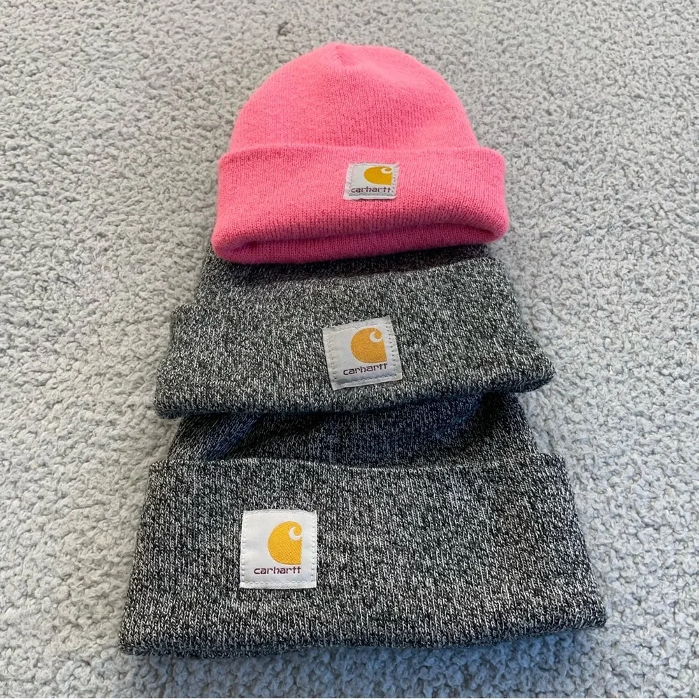 Carhartt beanies mens & Toddler Set of 3 grey pink comfy cozy workwear‎ outdoor